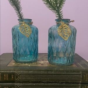 Elegant Blue Glass Vases with Gold Leaf Accent